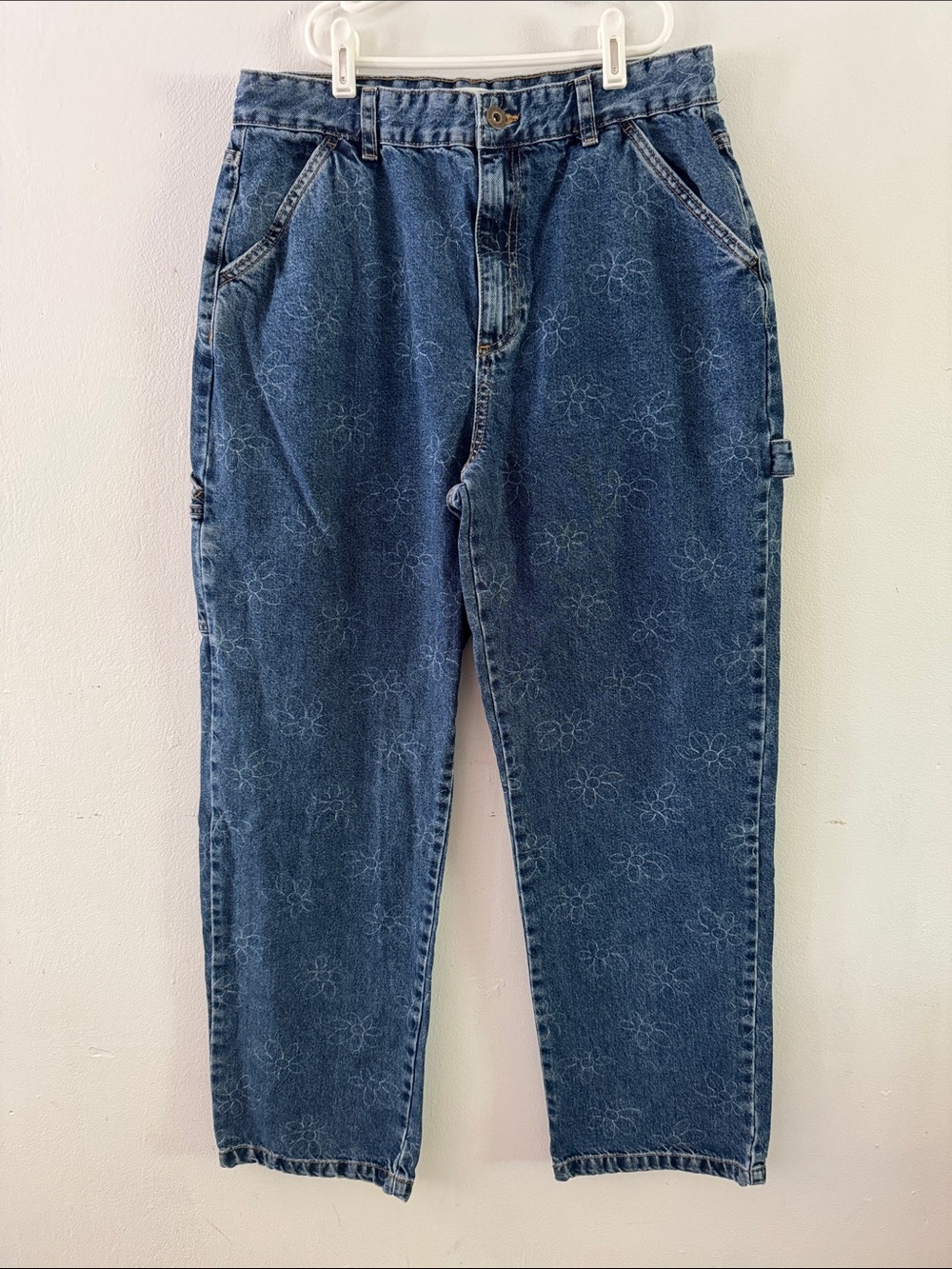 Cotton On Relaxed Blue Floral-Print Carpenter Jeans Sz 10